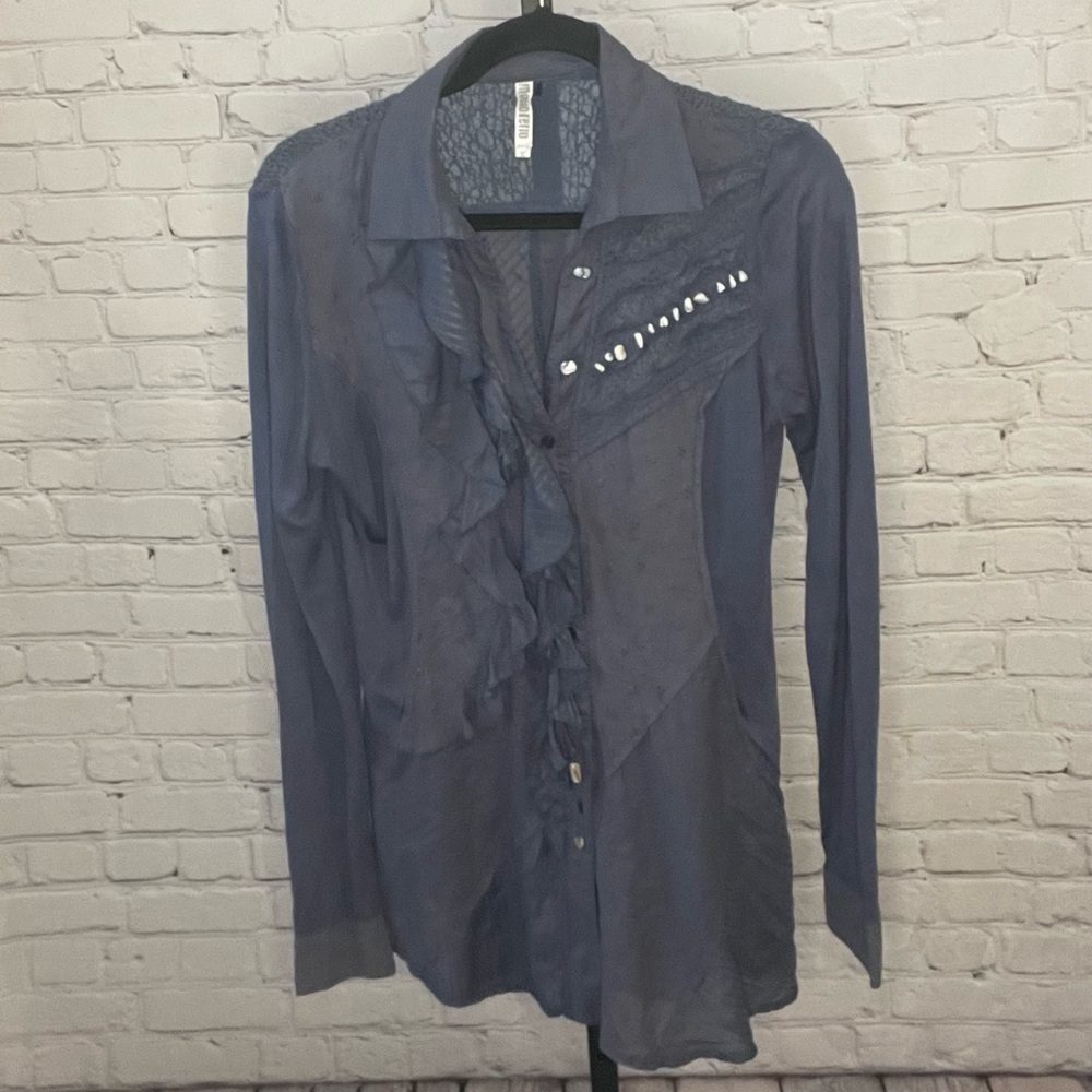 Monoreno Mixed Fabric Button Down Lagenlook Top Size Medium